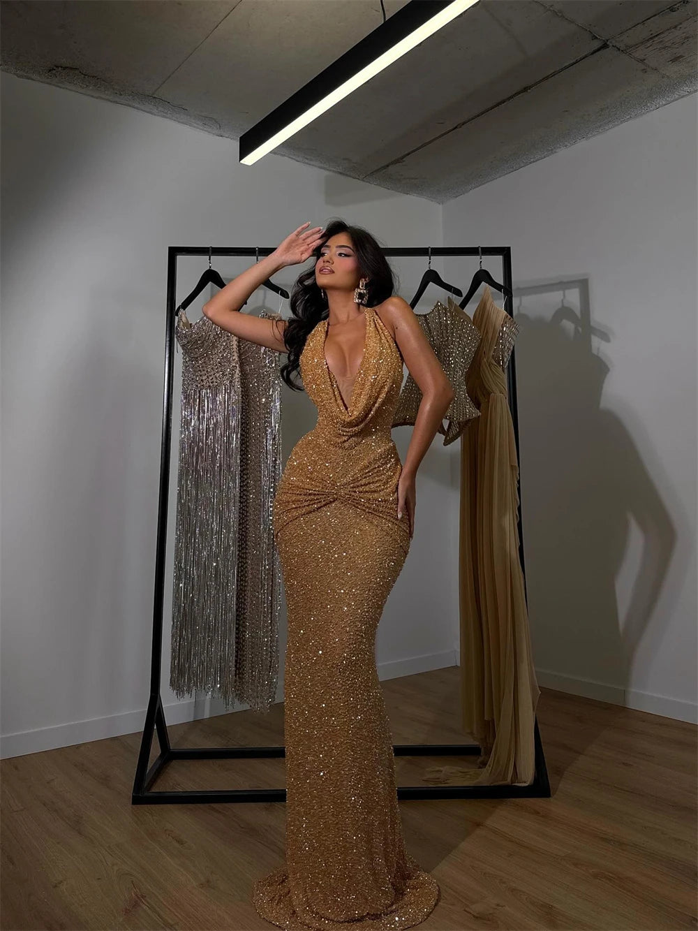 Mila Customized Golden Mermaid Halter Neck Glitter Prom Dress Sleeveless Sexy Vestidos De Noche Floor-Length Formal Evening 2026