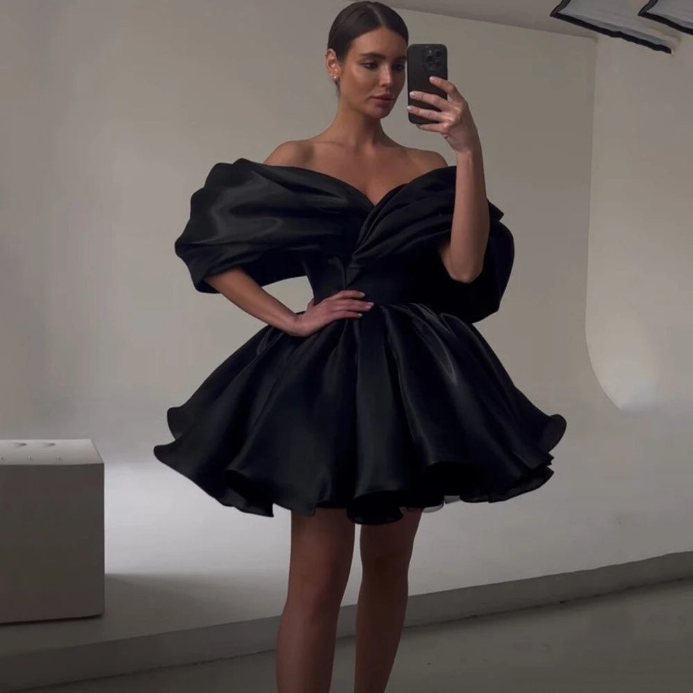 Black Mini Evening Dress Pleat Off the Shoulder Short-Sleeve Women Party A-Line Puff Short Custom Made V-Neck Gowns for Ladies