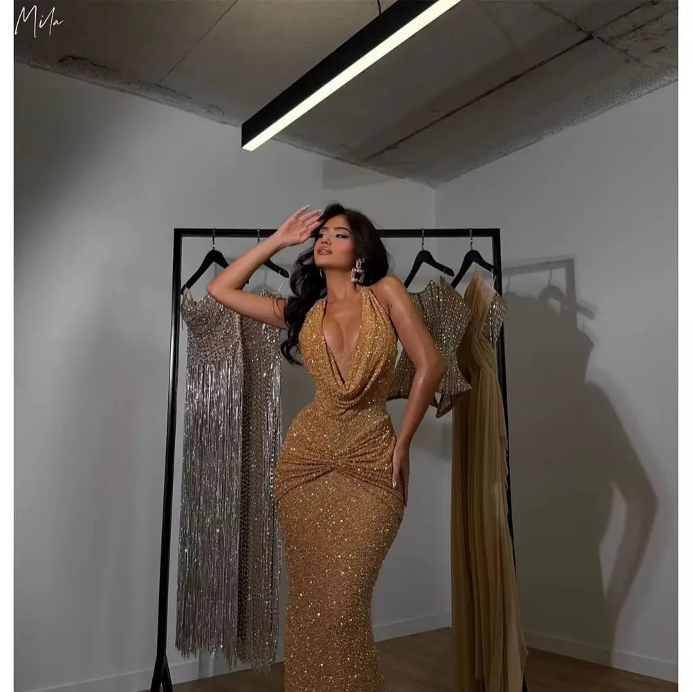 Mila Customized Golden Mermaid Halter Neck Glitter Prom Dress Sleeveless Sexy Vestidos De Noche Floor-Length Formal Evening 2026