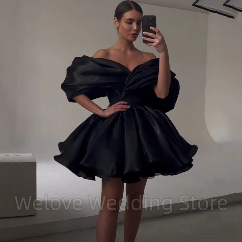 Black Mini Evening Dress Pleat Off the Shoulder Short-Sleeve Women Party A-Line Puff Short Custom Made V-Neck Gowns for Ladies