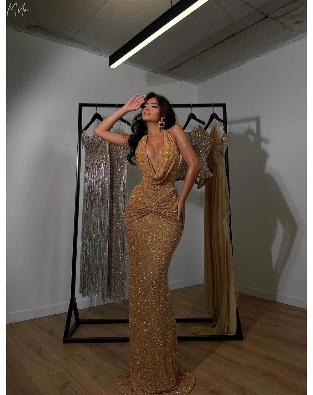 Mila Customized Golden Mermaid Halter Neck Glitter Prom Dress Sleeveless Sexy Vestidos De Noche Floor-Length Formal Evening 2026