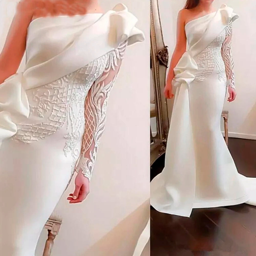 Elegant One Shoulder Mermaid Evening Dresses White Long Sleeves Gowns Satin Ruched Ruffles Applique Prom Dresses Customized