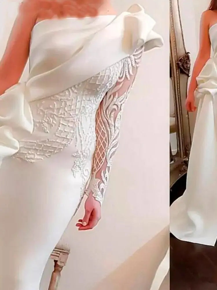 Elegant One Shoulder Mermaid Evening Dresses White Long Sleeves Gowns Satin Ruched Ruffles Applique Prom Dresses Customized