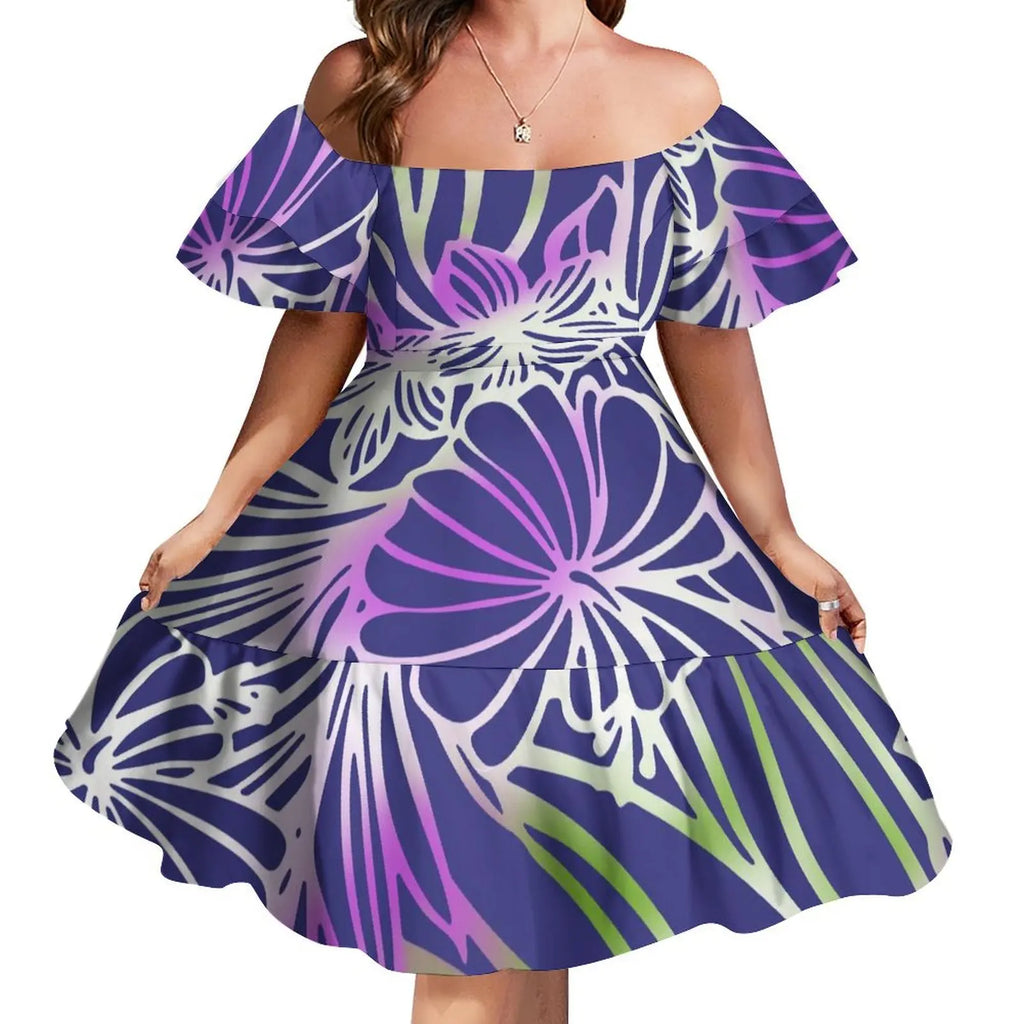 Tattoo Designs Customized On Demand Feature Ruffle Sleeve Dress Polynesian Traditional Tribe Short Dress For Evening 1 MOQ