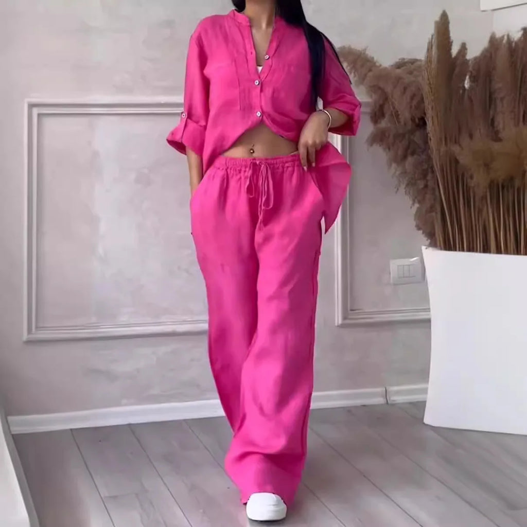 2 pieces women sets 2026 new solid color single-breasted long-sleeved shirt+wide-leg pants lace-up suits women's clothing