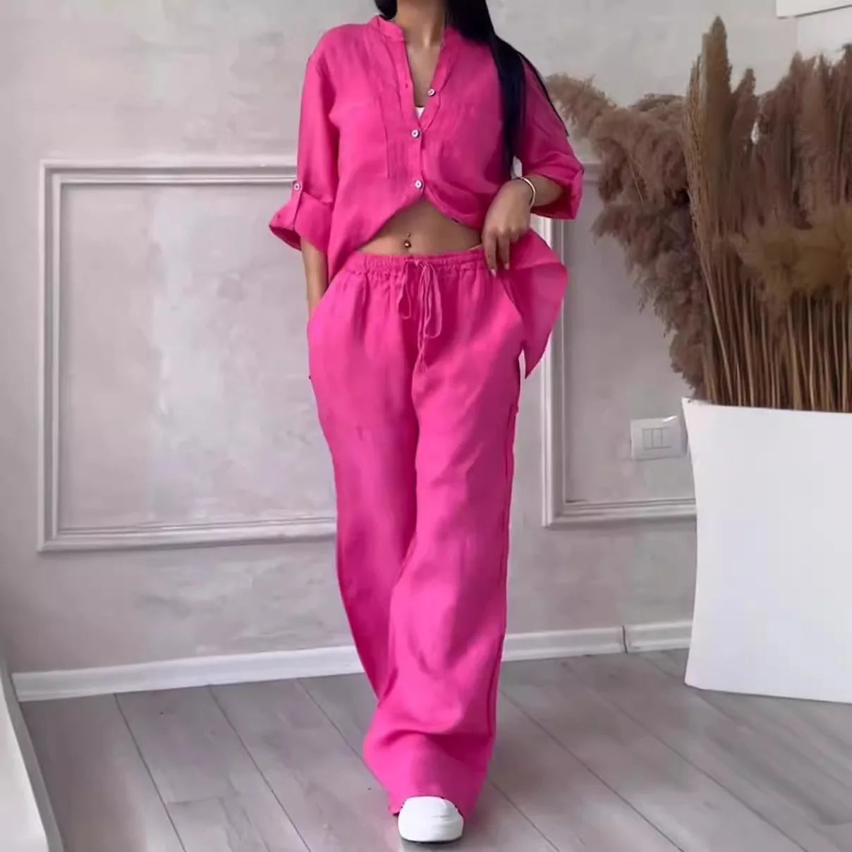 2 pieces women sets 2026 new solid color single-breasted long-sleeved shirt+wide-leg pants lace-up suits women's clothing