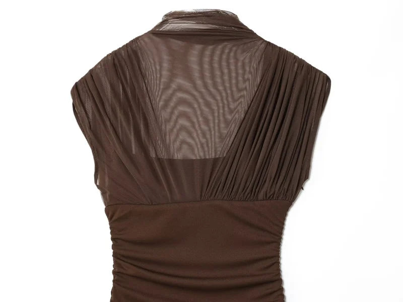 ETJ 2025 new women's party sexy see-through long dress fashion silk mesh stitching stand collar sleeveless dress