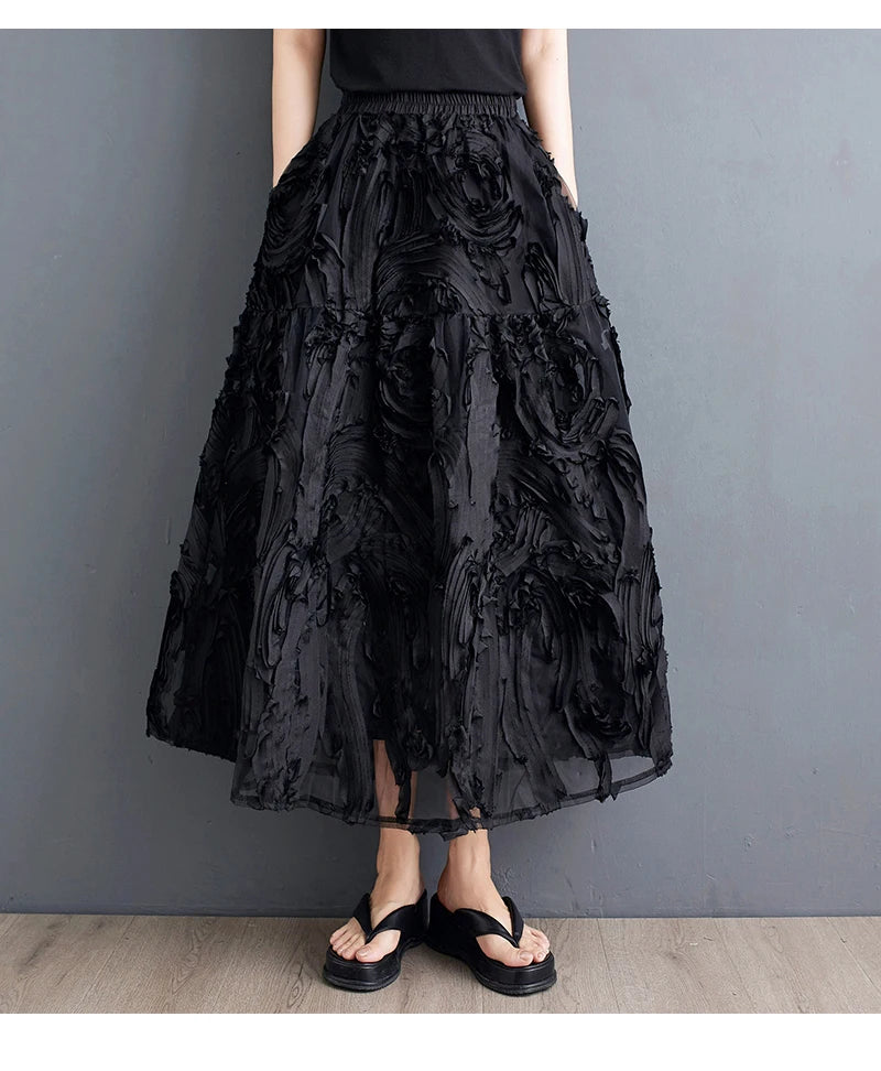 Black Skirt for Women Summer Fashin Heavyweight Chic Design Pleated A-line Easy Match Elastic Waist Dress Female Creative Skirt