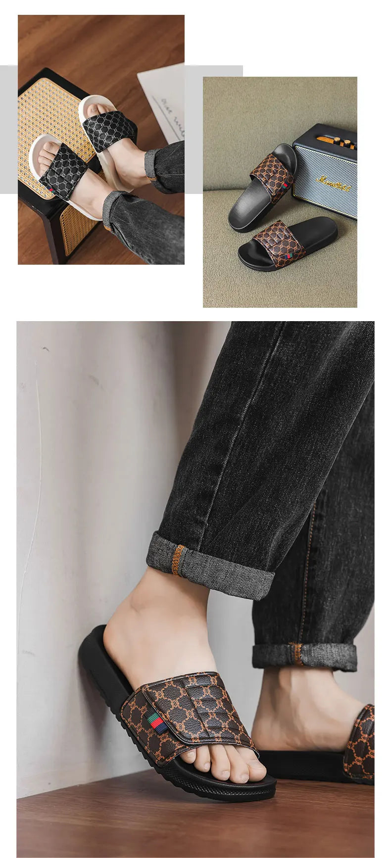Men's Printed Skateboard Sandals Casual Non-Slip Thick-Soled Slippers Fashionable Summer Beach Indoor and Outdoor Home Shoes