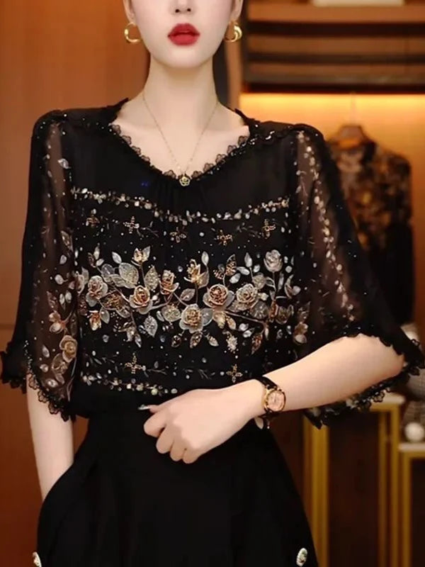 Slimming Effect Loose Fit round Neck mid Sleeve Fashionable Top for Older Women Comfortable Breathable Casual Wear