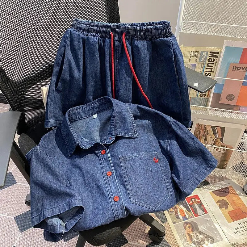 Denim Pant Set Women Two Piece Sets Turn Down Collar Shirt Tops Short Pants Lace Up Elastic Waist Y2k Streetwear Elegant Casual