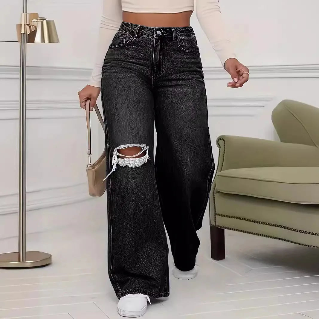Washed Personality Hole Loose High Waist Denim Wide-leg Pants,Women's Four Seasons New Classic Fashion Casual Floor-length Jeans