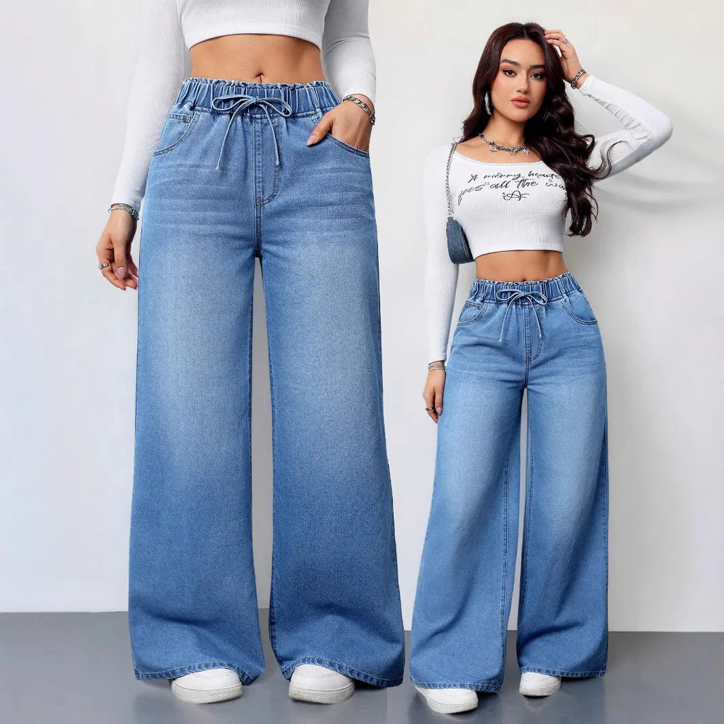 Retro Heavyweight Light Blue Denim High Waist Loose Straight Elastic Waist Wide Leg Pants Women Summer Design Sense Jeans