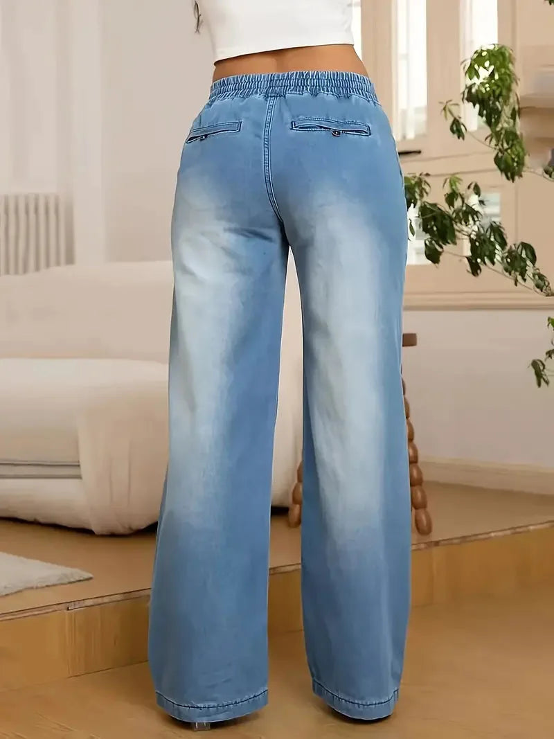 Women Jeans Wide Leg Pants Streetwear Denims Drawstring High Waist Washed Distressed Pockets Female Vintage Straight Trousers
