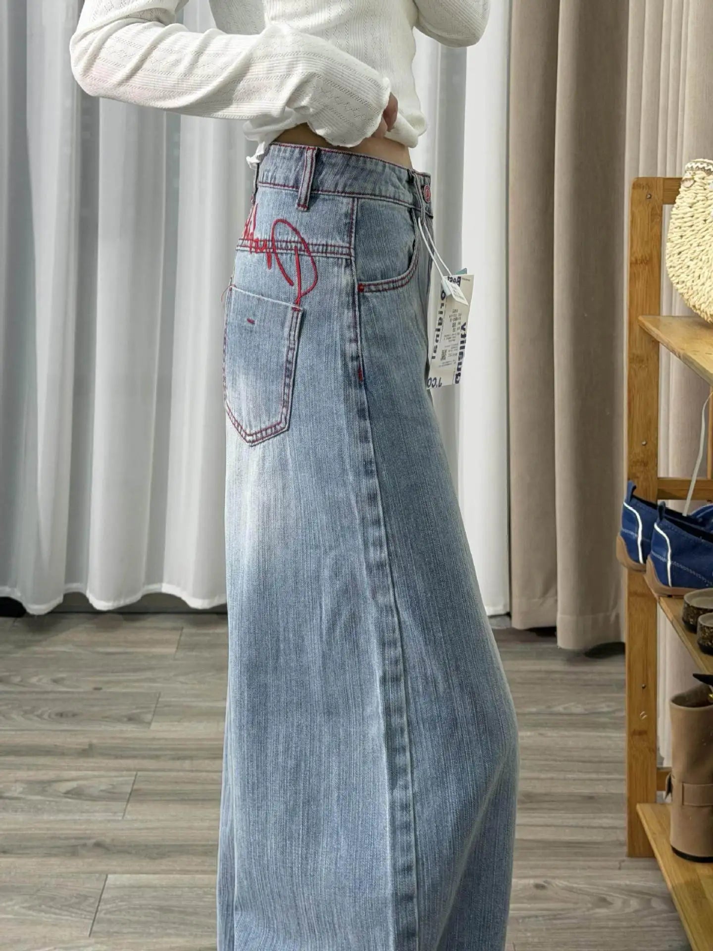 Women's Baggy Jeans Y2K Wide Leg Denim Pants Vintage Washed High Waisted Loose Trousers Red Stitching Streetwear 90s Aesthetic