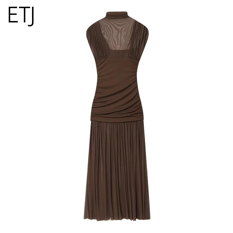 ETJ 2025 new women's party sexy see-through long dress fashion silk mesh stitching stand collar sleeveless dress
