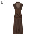 ETJ 2025 new women's party sexy see-through long dress fashion silk mesh stitching stand collar sleeveless dress