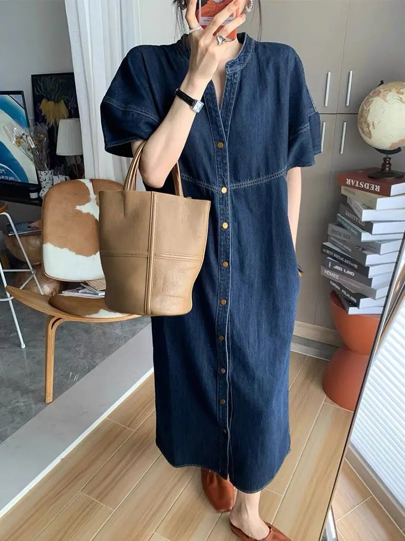 Long Dress Women Denim Dresses V Neck Short Sleeve A Line Vestidos Elegant Splice Single Breasted Y2k Streetwear Work Vintage