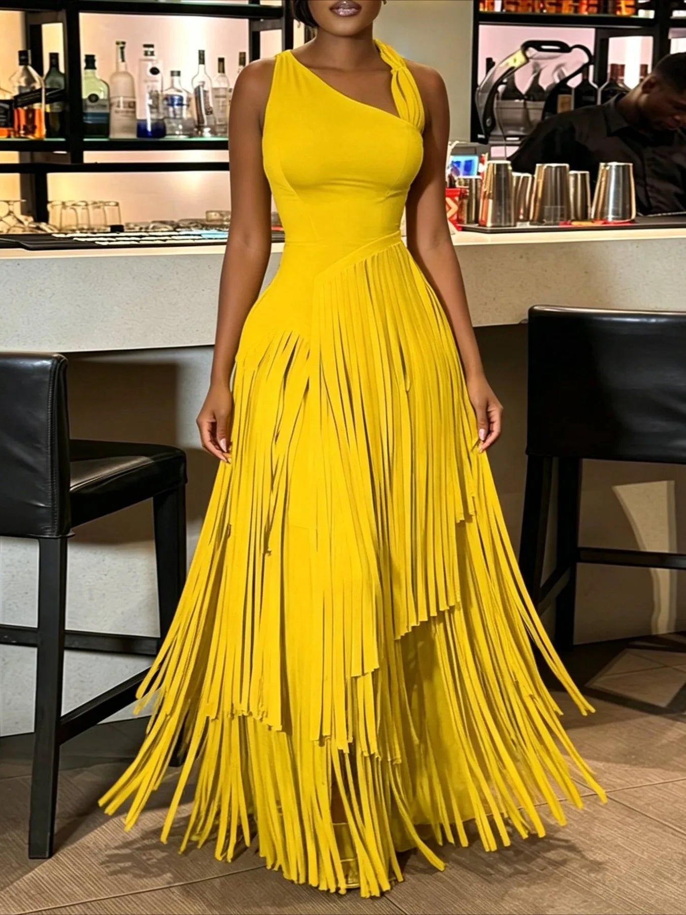 Women's Summer Sexy Aura Fashion Design Solid Color Tassel Dress Skirt Bodycon Maxi Dress