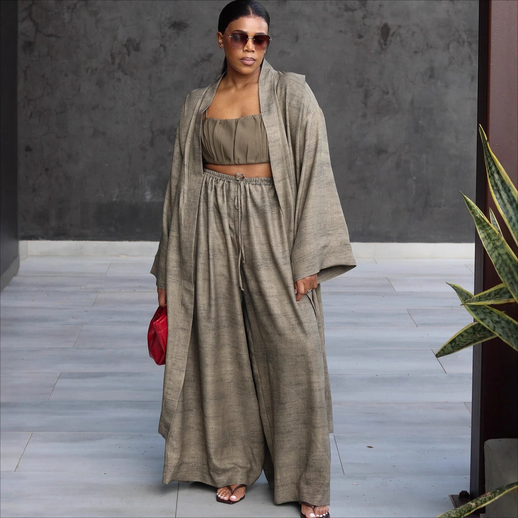 Pant Set Women 3 Piece Sets Strapless Short Tops Full Sleeve Mi Dlength Coats Wide Leg Long Pants High Waist Y2k Streetwear Work