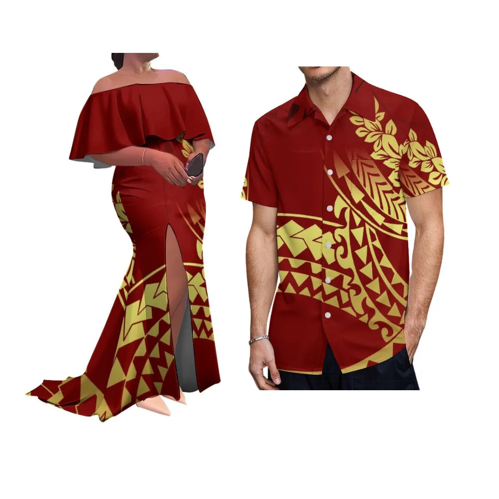 Customized Patterned Soft Fabric Tribal Ethnic Couple'S Outfit Polynesian Women'S Ruffled Collar Floor-Length Dress With Slit