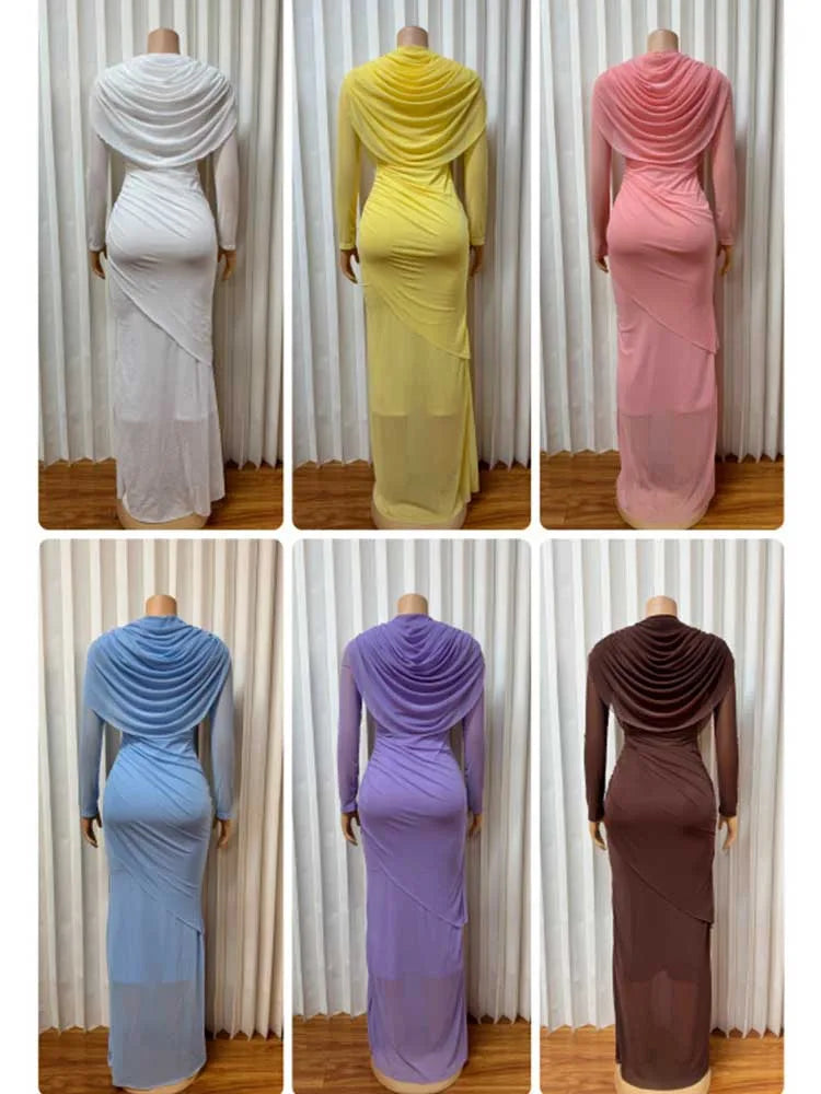 Chic and Elegant Women's Evening Dress Mesh Draped Collar Long Sleeve Bodycon Mid Dress Slim High Waisted Sexy Ladies Dress