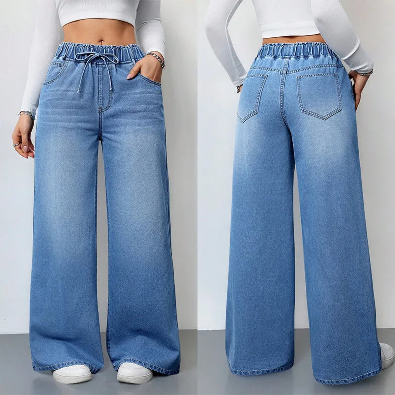 Wide Leg Pants Jeans Women Washed Denims Elastic Waist Lace Up Distressed Vintage Streetwear Female Full Length Loose Trousers