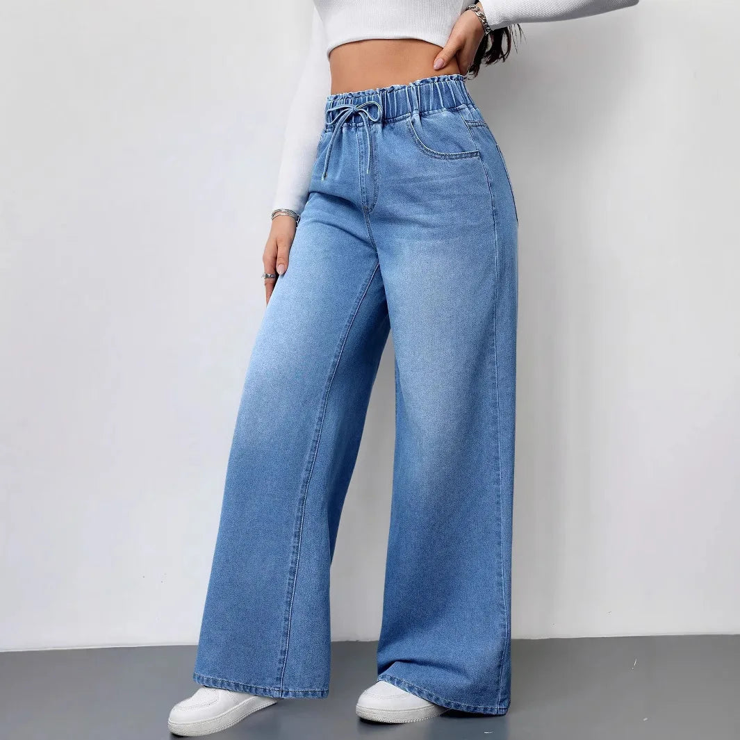 Wide Leg Pants Jeans Women Washed Denims Elastic Waist Lace Up Distressed Vintage Streetwear Female Full Length Loose Trousers