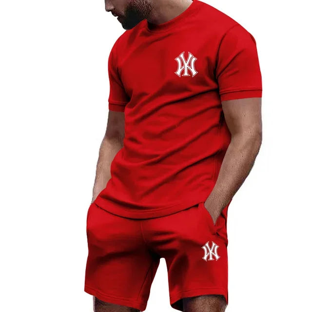New hot selling 2026 men's two-piece sportswear short sleeved T-shirt and pants set running fitness summer