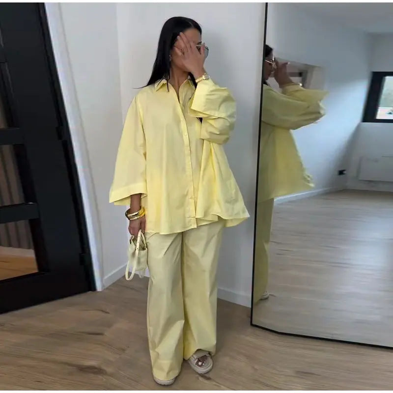 Lapel Short Sleeve Pocket Solid Color Shirt Pants Set Loose Fit Straight Leg Trouser 2026 Spring Casual Women Daily Outfit