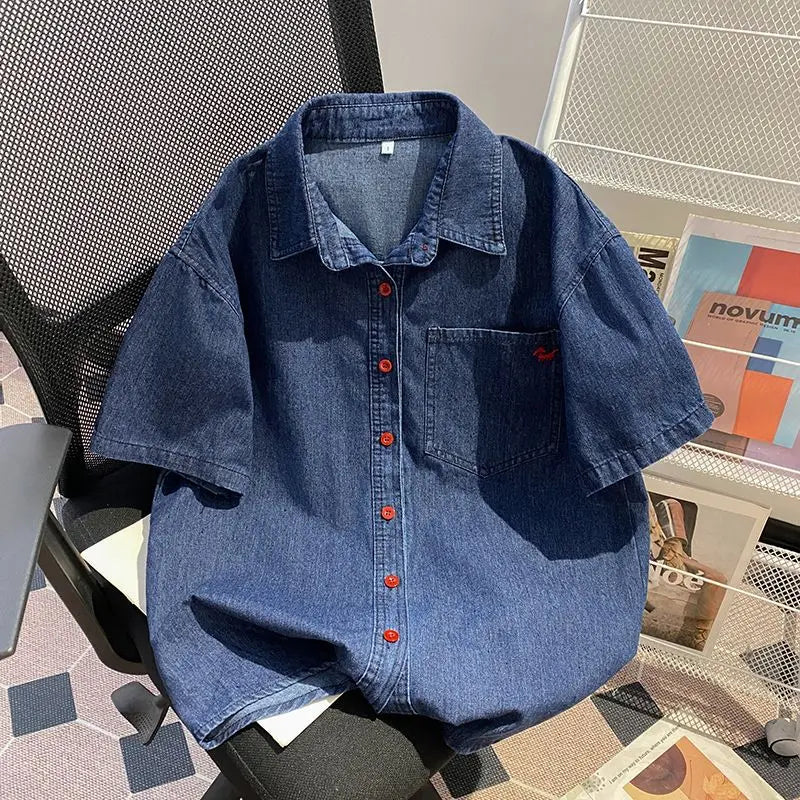 Denim Pant Set Women Two Piece Sets Turn Down Collar Shirt Tops Short Pants Lace Up Elastic Waist Y2k Streetwear Elegant Casual