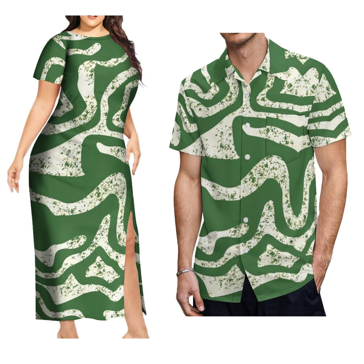 Support Custom Samoan National Dress Women'S Crew-Neck Maxi Dress Fashion Slit Dress With Men'S Short-Sleeved Shirt 9xl