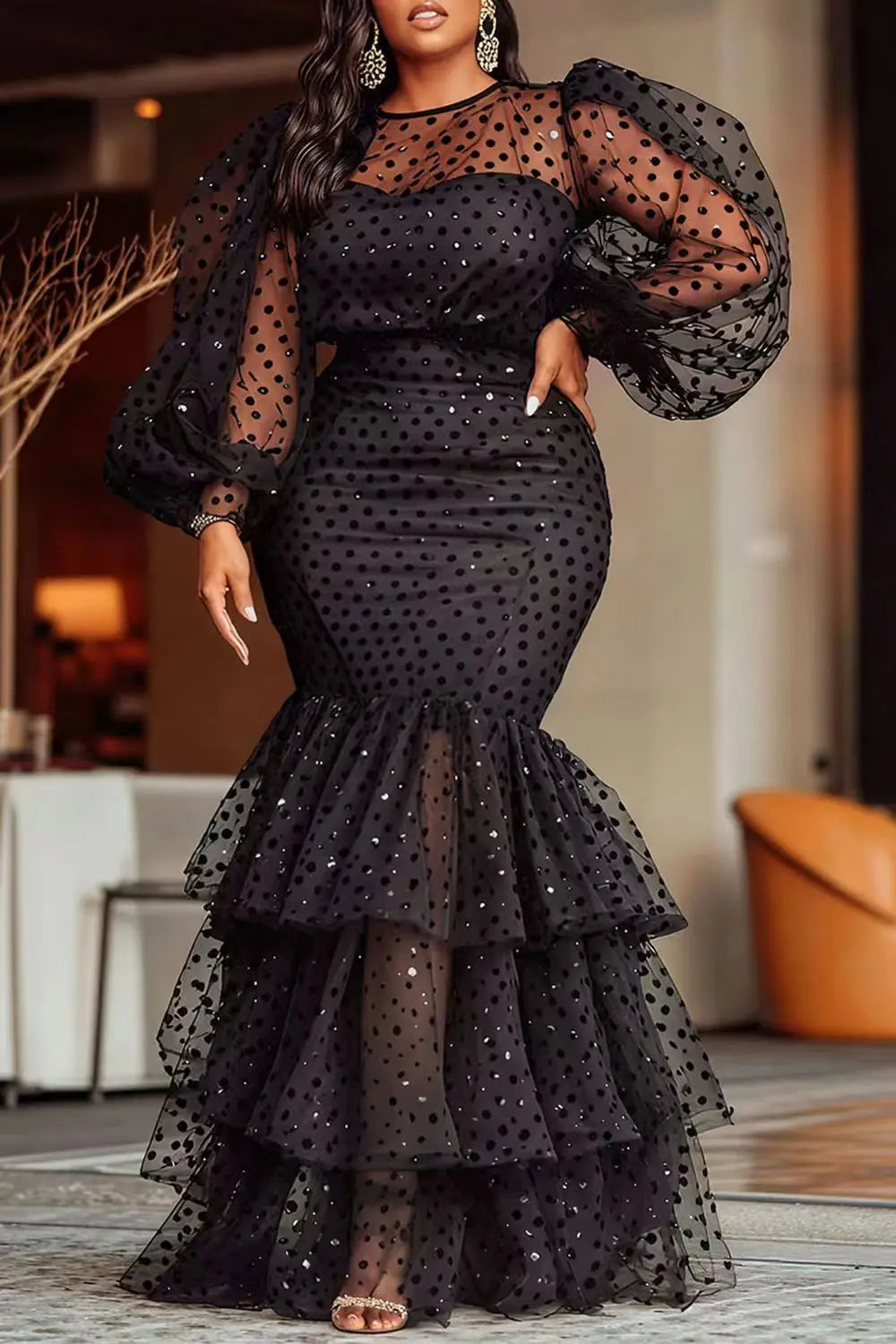 Sexy Large Size Bubble Flocking Polka Dot Dress Cross-Border Women's Fashion Autumn Winter New Arrival Elegant Commute Style