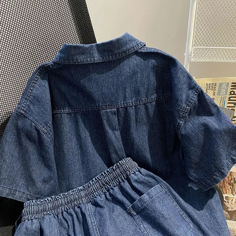 Denim Pant Set Women Two Piece Sets Turn Down Collar Shirt Tops Short Pants Lace Up Elastic Waist Y2k Streetwear Elegant Casual