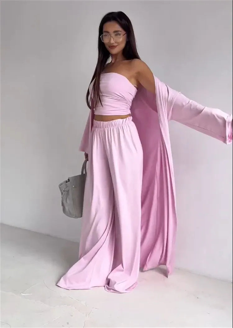 2 Piece Set Women's Summer Suit Black Crop Top Beige Wide Leg Pants Maxi Length White Long Pants Ruched Waist Solid Color