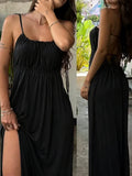 Elegant Summer Off Shoulder Suspenders Dress Fashion Hight Waist Drawstring Solid Party Dress Casual Sleeveless Women Long Dress