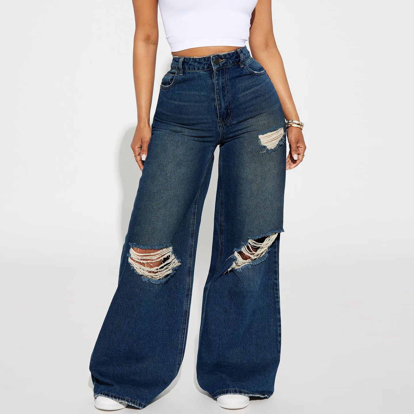 The New Fashion High-waisted Wide-leg Jeans for Autumn and Winter.Personality Washed Holes Loose Casual Floor-length Jeans Women