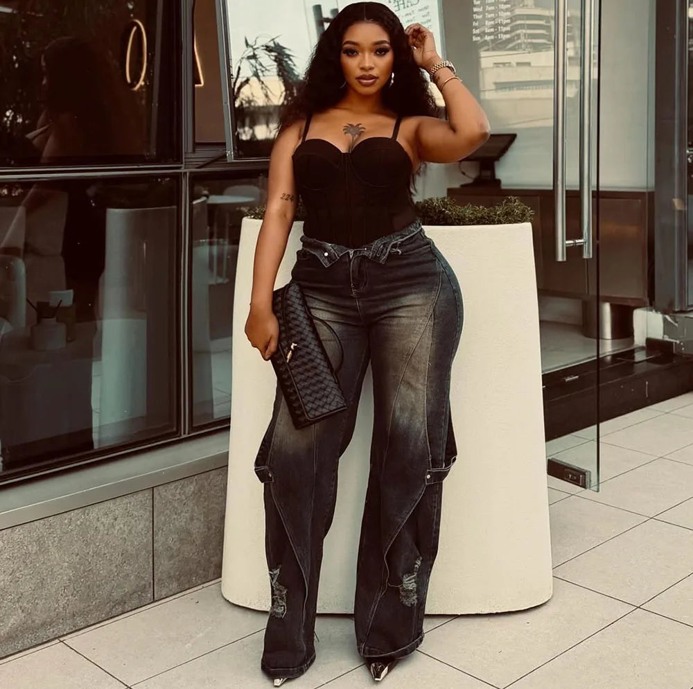 Denim Cargo Pant Women Jeans Vintage Wide Leg Long Pants High Waist Straight Trousers Hole Y2k Streetwear Elegant Casual 2026