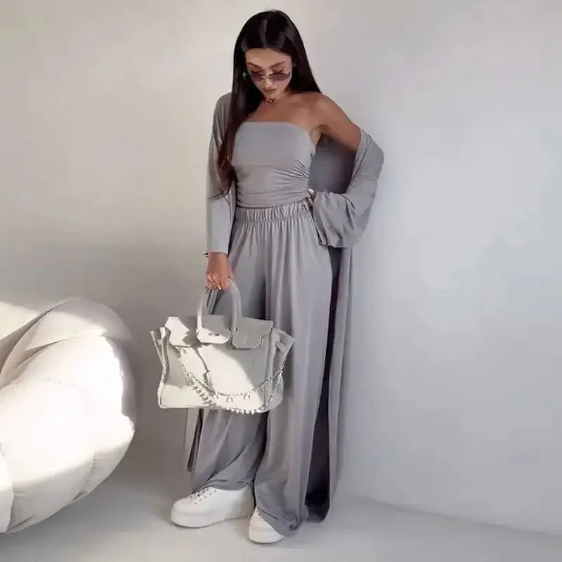 Summer Women's Clothing Casual 3Pcs Strapless Vest Long Cardigan Wide-Leg Pants Suit Lady Elegant Office Wear Outfits for Female