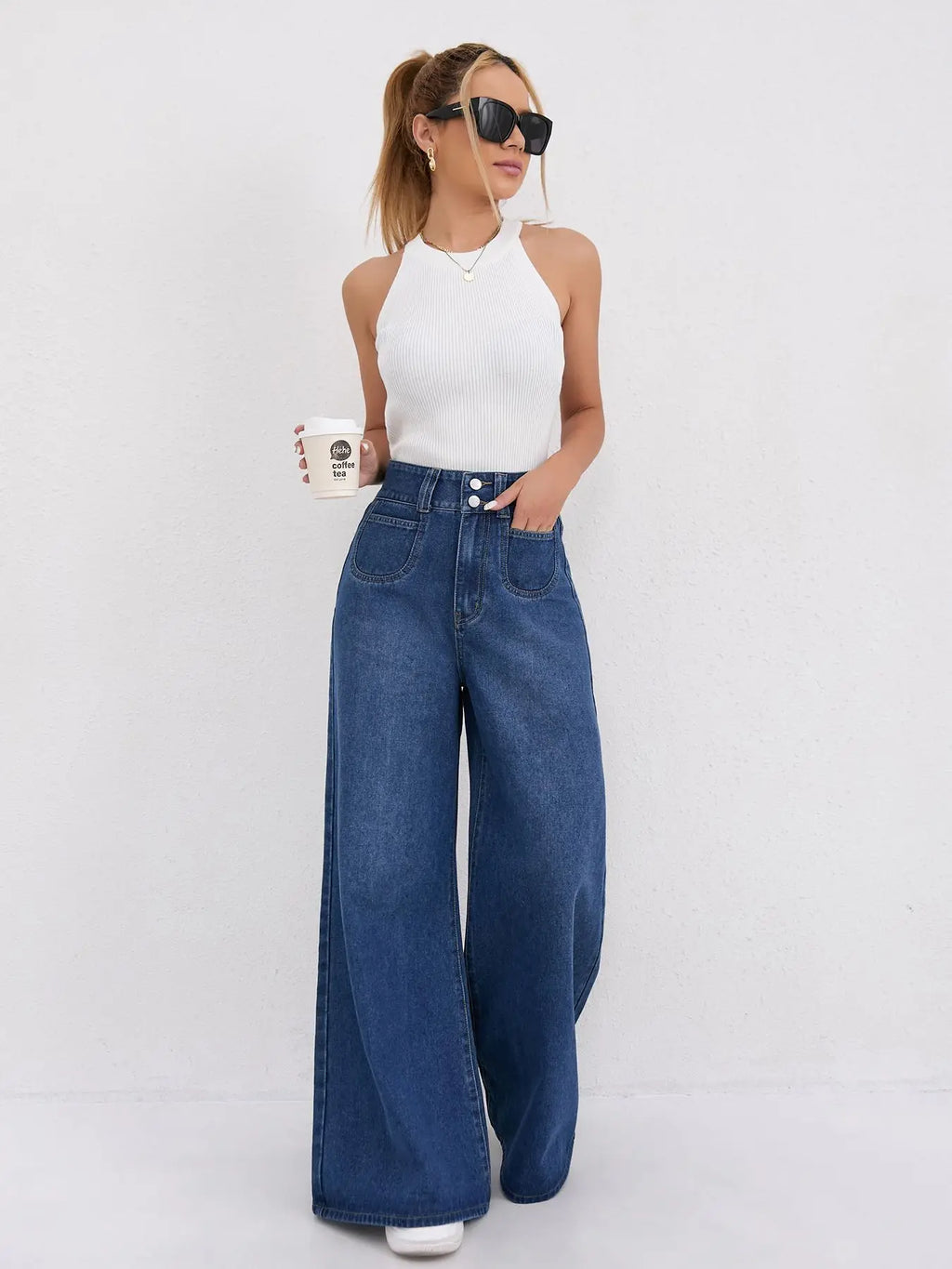 Trendy Womens Jeans Baggy Jeans Wide Pants High Waist Loose Fit Two Button Solid Color Wide Leg Denim Trousers For Ladies