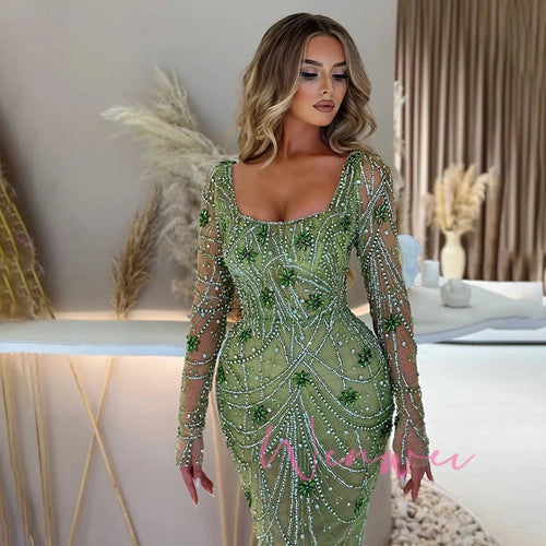 1Customized Evening Dresses Luxury Green Mermaid Evening Dress for Women Square collar Crystal Beads Arabic Long Sleeves