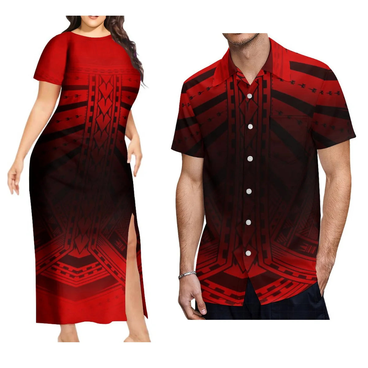 Support Custom Samoan National Dress Women'S Crew-Neck Maxi Dress Fashion Slit Dress With Men'S Short-Sleeved Shirt 9xl