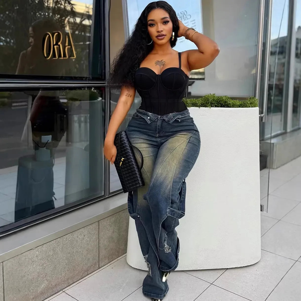 Denim Cargo Pant Women Jeans Vintage Wide Leg Long Pants High Waist Straight Trousers Hole Y2k Streetwear Elegant Casual 2026