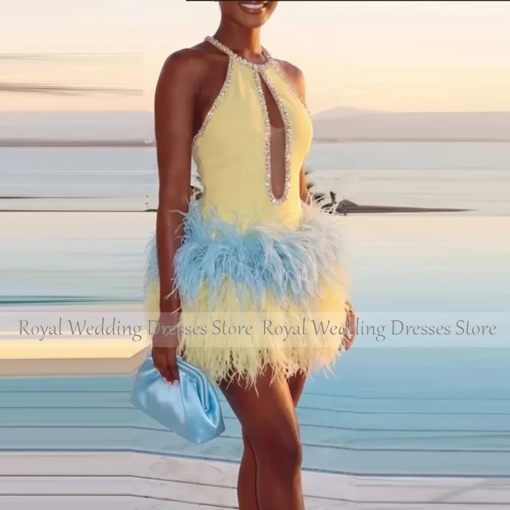 Modern Customized Cocktail Dress Mini Short Cocktail Gowns for Women Sheath Halter Beading Party Gown With Feather