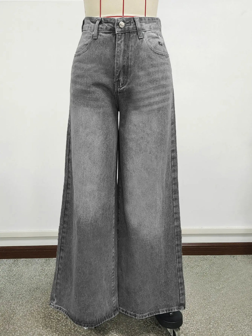 Grey Washed Loose Women's Long Floor-Length Wide Leg Jeans Casual Straight Cut Trousers Comfortable Cotton Denim Jeans