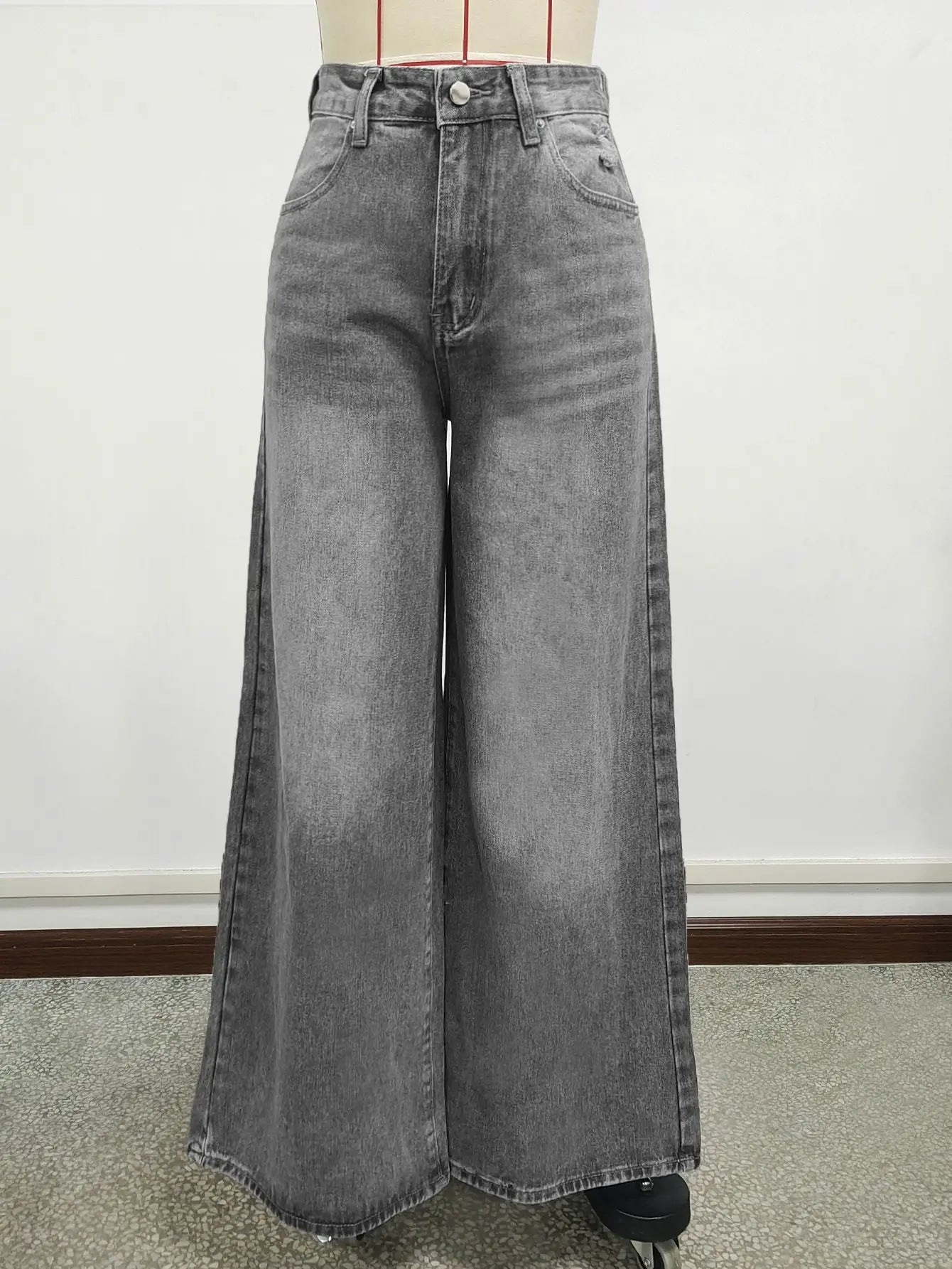 Grey Washed Loose Women's Long Floor-Length Wide Leg Jeans Casual Straight Cut Trousers Comfortable Cotton Denim Jeans