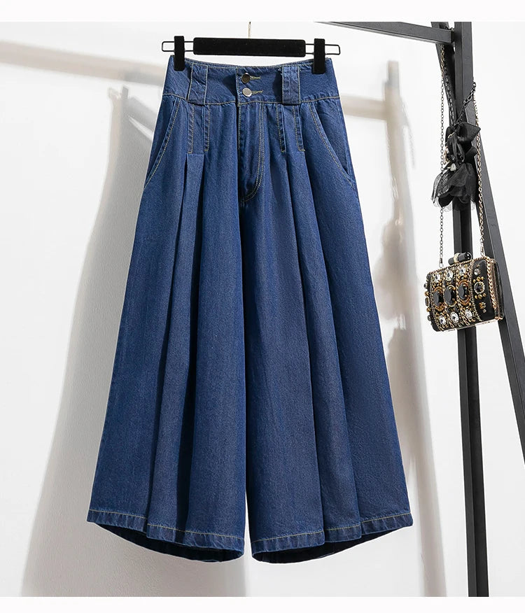 High Waist Calf-length Casual Jeans Women New 2024 Spring Simple Style Solid Color Loose Female Denim Wide Leg Pants B3322