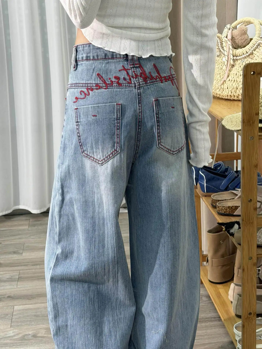 Women's Baggy Jeans Y2K Wide Leg Denim Pants Vintage Washed High Waisted Loose Trousers Red Stitching Streetwear 90s Aesthetic