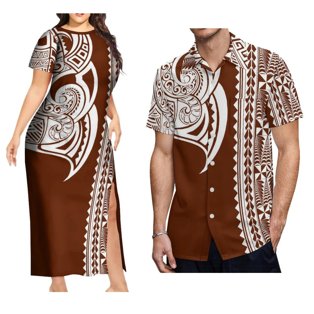 Support Custom Samoan National Dress Women'S Crew-Neck Maxi Dress Fashion Slit Dress With Men'S Short-Sleeved Shirt 9xl