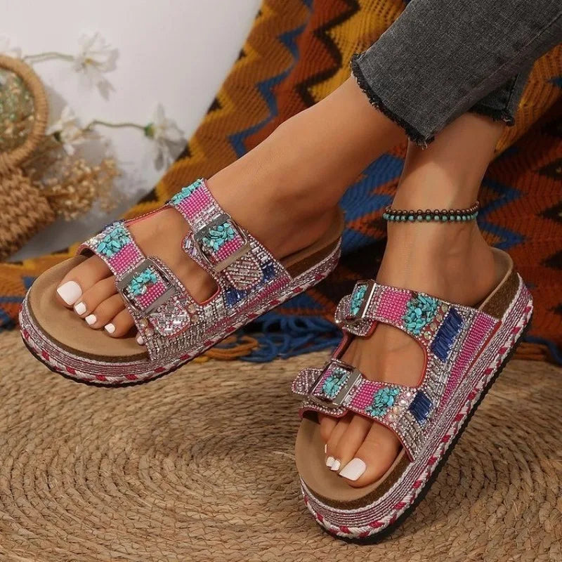 Metal Buckle Soft Sole Flip-flops Women's Outer Summer New Fashion and Versatile Rhinestone Wedge Non-slip Cool Slippers